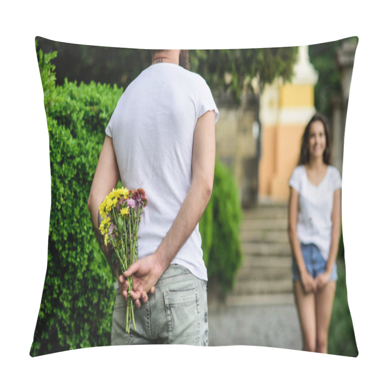 Personality  Man Hides Flower Bouquet Behind Back While Waits Girl Romantic Date. Guy Prepared Surprise For Girlfriend. First Impression Always Important. Surprise For Her. Couple Meeting For Date Park Background Pillow Covers