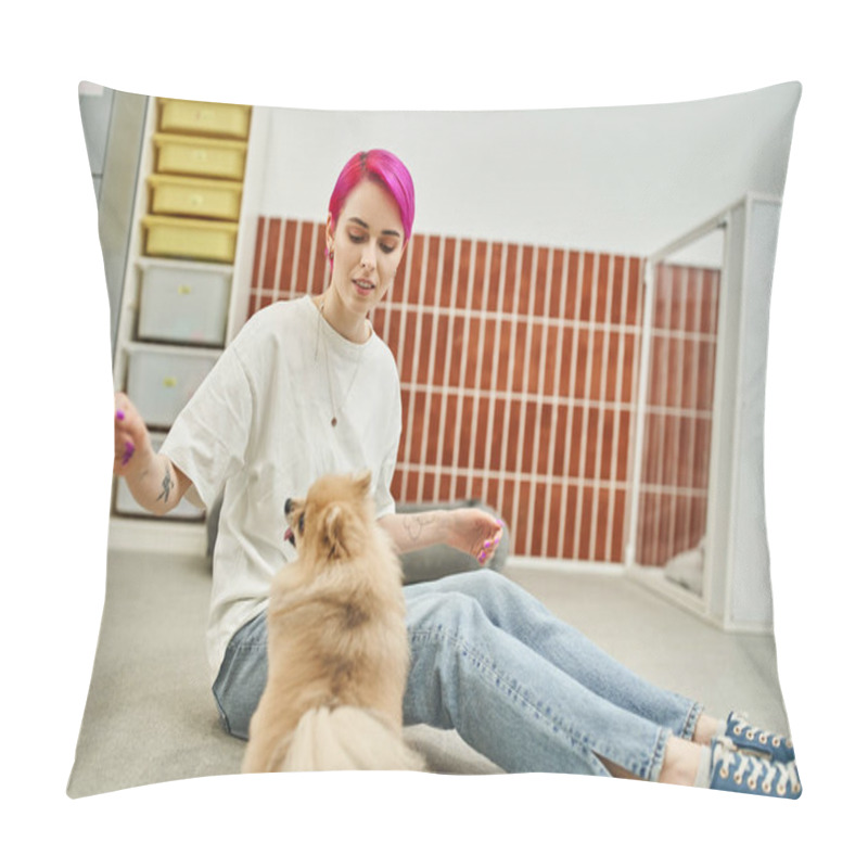 Personality  Stylish Female Dog Sitter Training Playful Pomeranian Spitz While Sitting On Floor In Pet Hotel Pillow Covers