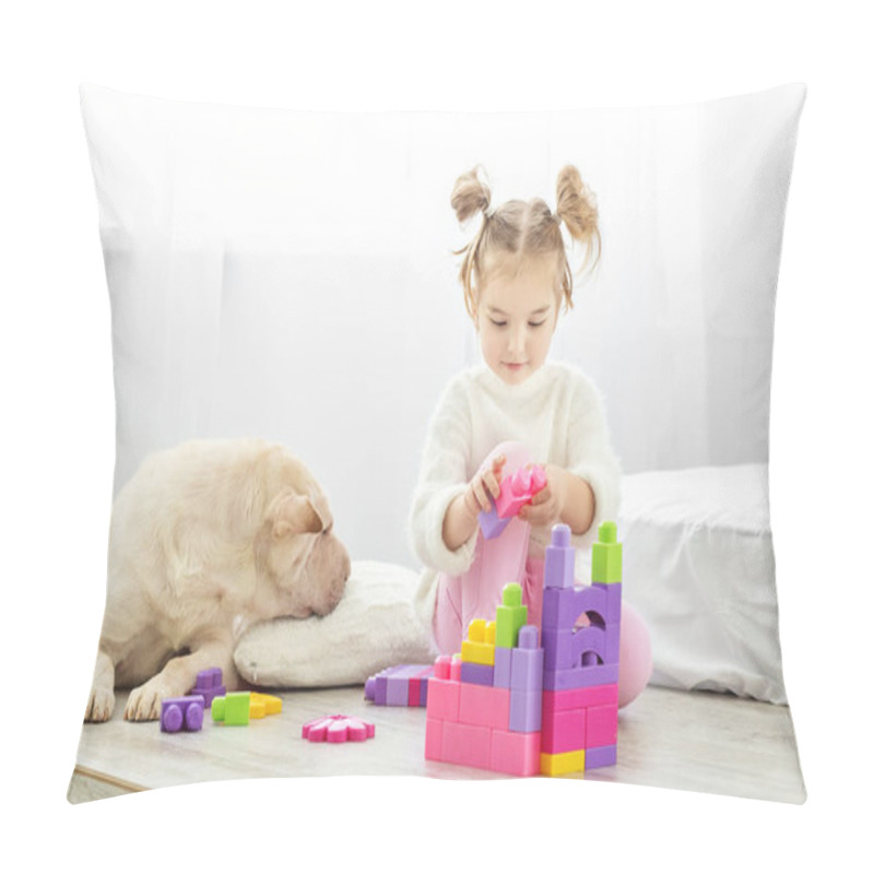 Personality  Beautiful Little Girl Playing With Plastic Toy Blocks. The Dog L Pillow Covers