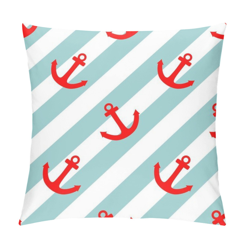 Personality  Tile Sailor Vector Pattern With Red Anchor On White And Blue Stripes Background Pillow Covers