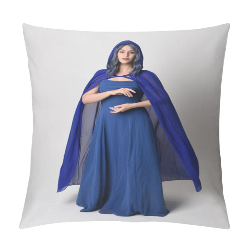 Personality  Full Length Portrait Of Beautiful Female Model Wearing Elegant Fantasy Blue Ball Gown And Flowing Cape With Hood.Standing Pose, With Gestural Arms Reaching Out . Isolated On White Studio Background. Pillow Covers