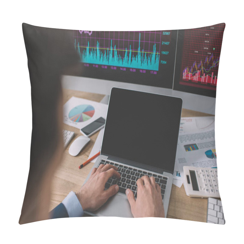 Personality  Selective Focus Of Data Analyst Using Laptop Near Charts On Papers And Computer Monitors On Table Pillow Covers