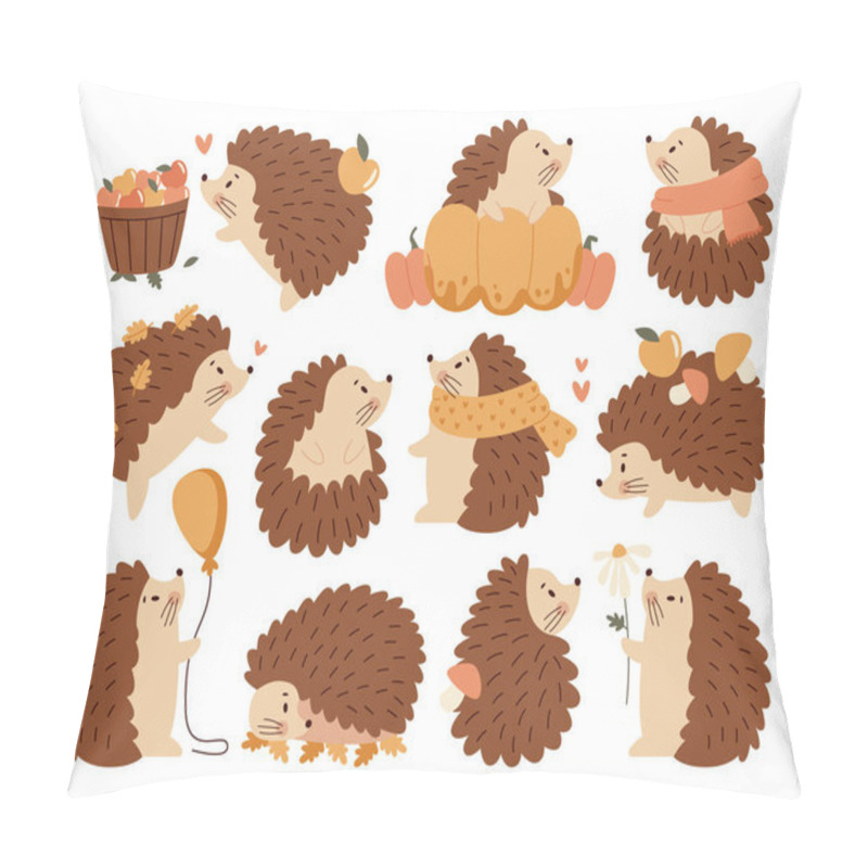 Personality  Different Cute Baby Hedgehog Autumn Cartoon Kawaii Little Wild Forest Animal Character Isolated Set. Amusing Happy Adorable Fluffy Autumnal Spiky Creature Funny Pet Mascot Vector Illustration Pillow Covers