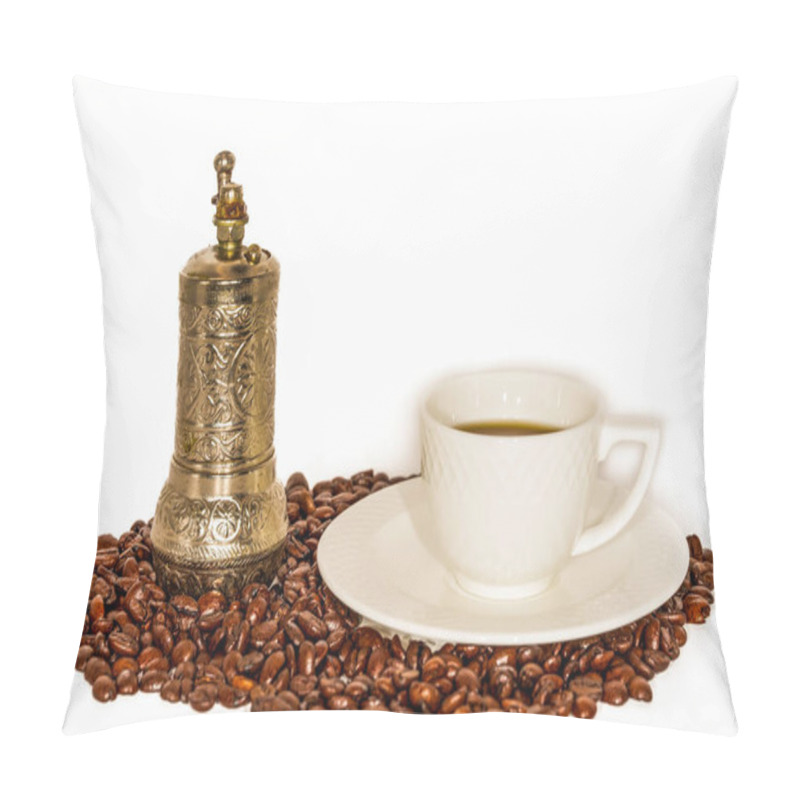 Personality  Vintage Hand Coffee Grinder With Ornate Metal Design And Classic White Coffee Cup On A Saucer, Surrounded By Roasted Coffee Beans Pillow Covers