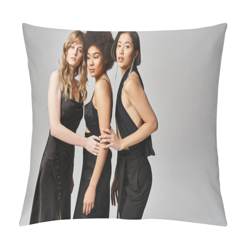 Personality  Three Diverse Women - Caucasian, Asian, And African American - Standing Elegantly Together Against A Grey Studio Background. Pillow Covers