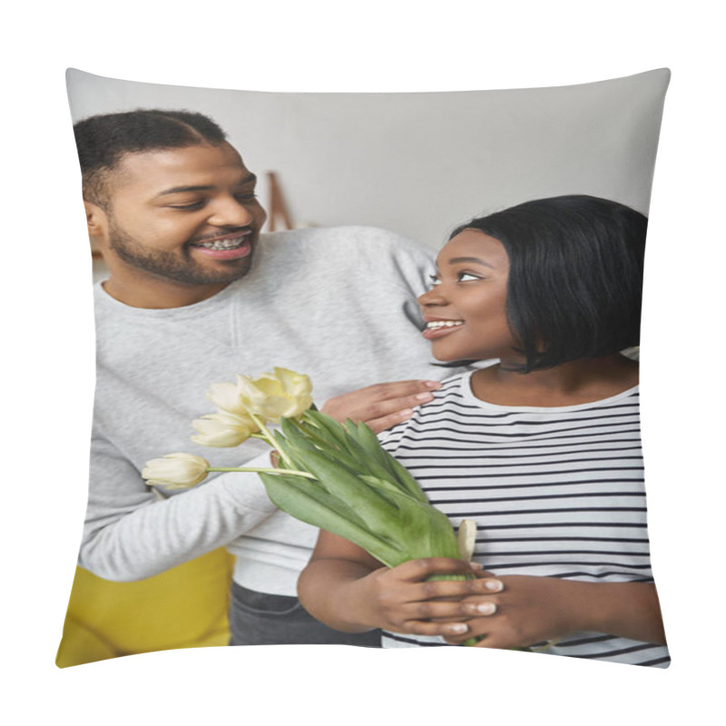 Personality  A Smiling African American Couple Enjoys Time Together At Home. Pillow Covers