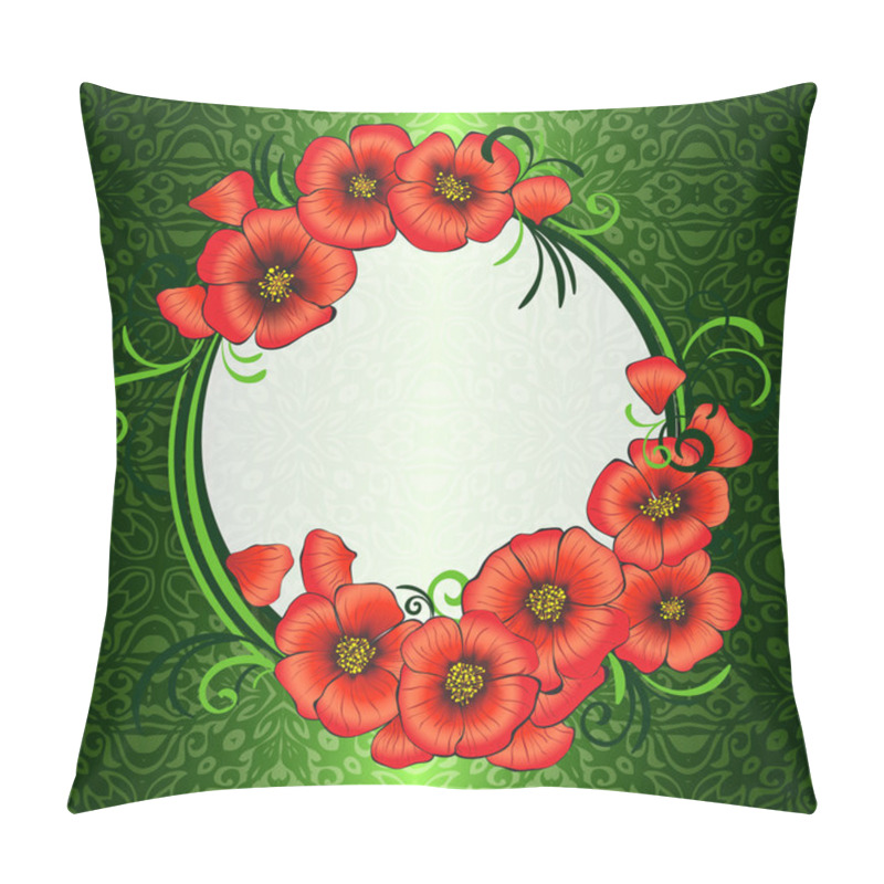 Personality  Frame With Red Poppies And Green Damask Patterned Background Pillow Covers