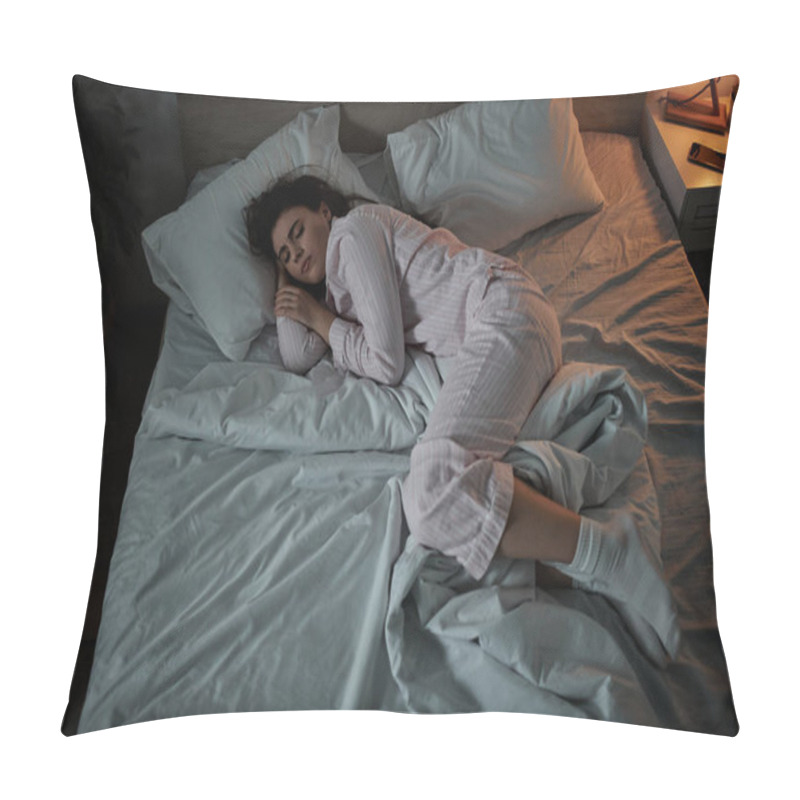 Personality  A Woman Lies Curled Up In Bed, Battling Her Inner Turmoil And Feelings Of Sadness As Night Falls. Pillow Covers