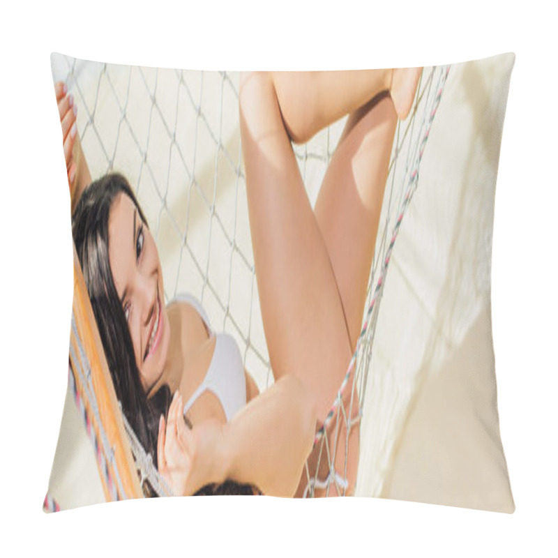 Personality  Panoramic Shot Of Beautiful Smiling Girl In Bikini Lying In Hammock And Looking At Camera On Beach Pillow Covers