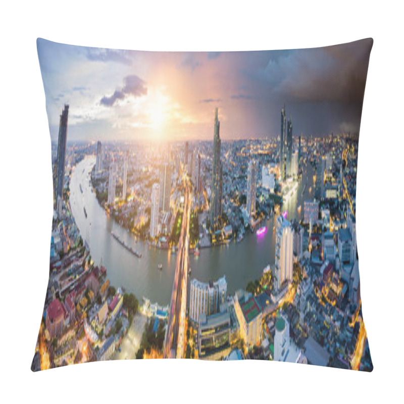 Personality  Aerial View Of Bangkok Skyline And Skyscraper With Light Trails On Sathorn Road Center Of Business In Bangkok Downtown. Panorama Of Taksin Bridge Over Chao Phraya River Bangkok Thailand At Sunset. Pillow Covers