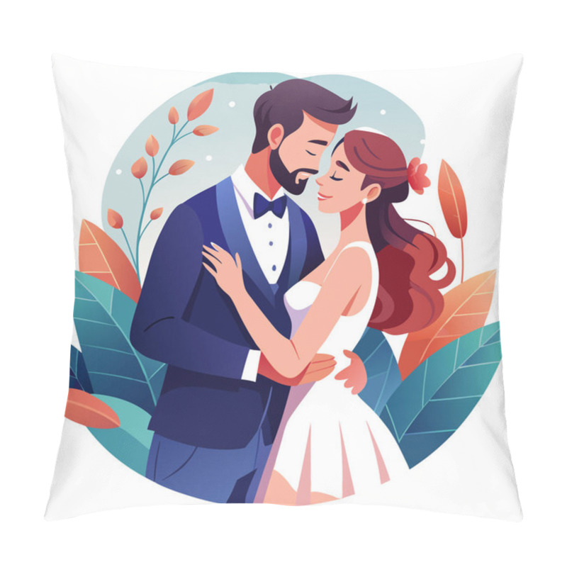 Personality  Cute Newlywed Couple In Love Floral Wedding Illustration In Flat Style Pillow Covers