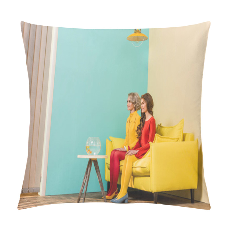 Personality  Retro Styled Women Sitting On Yellow Sofa With Aquarium Fish On Coffee Table At Colorful Apartment, Doll House Concept Pillow Covers