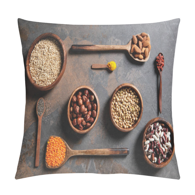 Personality  Top View Of Wooden Bowls And Spoons With Superfoods, Legumes And Grains On Table Pillow Covers