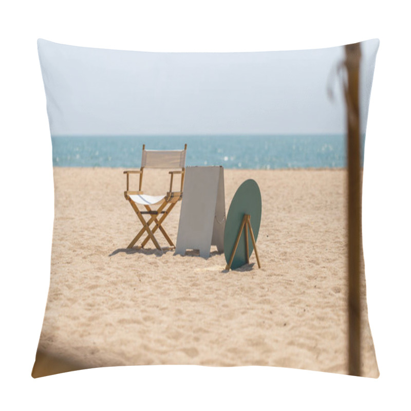 Personality  Directors Chair And Blank Outdoor Stand Mockup Poster Display On The Beach Pillow Covers