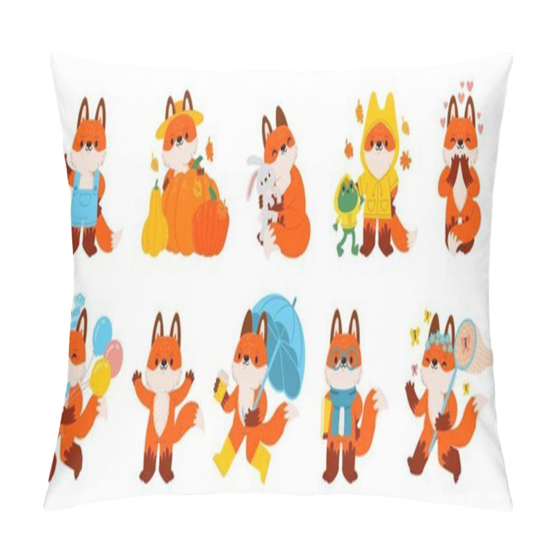 Personality  Cute Mascot Fox. Cartoon Red Foxes Character. Funny And Happy Little Fall Walking Animal. Foxy Emotional Forest Mammal With Pumpkins And Friends. Autumn Stickers. Vector Set. For With Balloons, Book Pillow Covers