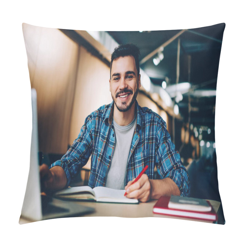 Personality  Portrait Of Cheerful Male Student Enjoying Learning In Coworking Office Using Laptop Computer For Research,happy Freelancer Looking At Camera During Making Project For Remote Job Making Note Pillow Covers