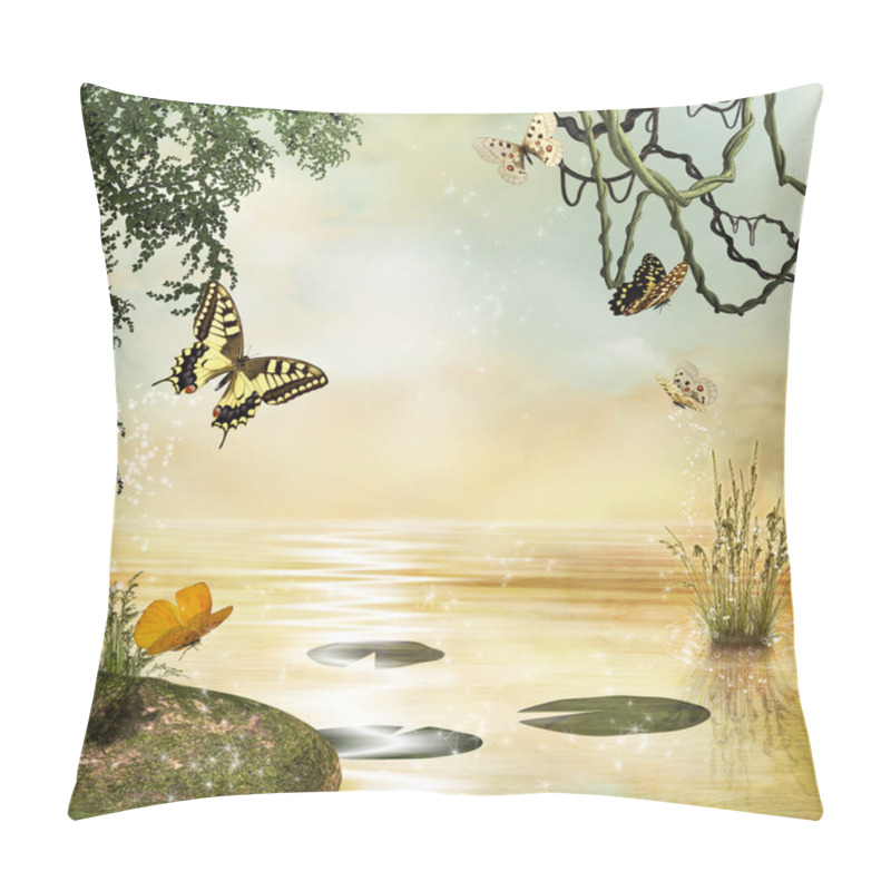 Personality  View Of A Fantasy Pond With Butterflies Pillow Covers