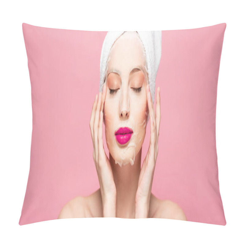 Personality  Panoramic Shot Of Naked Woman In Moisturizing Face Mask With Closed Eyes Isolated On Pink  Pillow Covers