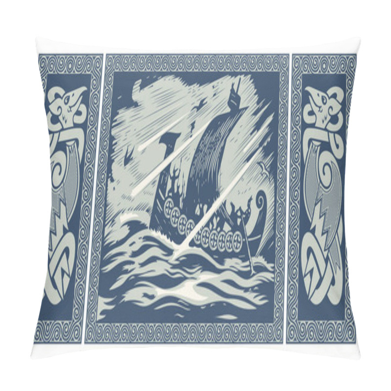 Personality  Viking Design. Drakkar Sailing In A Stormy Sea. In The Frame Of The Scandinavian Pattern Pillow Covers