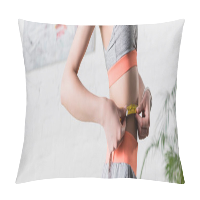 Personality  Panoramic Orientation Of Sportswoman Measuring Waist With Tape At Home Pillow Covers