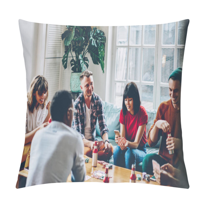 Personality  Positive Multicultural Friends Spending Free Time Together Playing Poker During Meeting In Stylish Apartment.Cheerful Hipster Guys In Casual Wear Enjoying Board Games And Entertainment On Weekend Pillow Covers