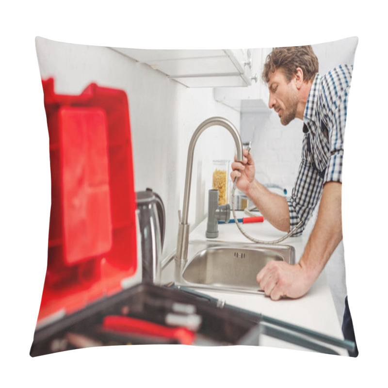 Personality  Selective Focus Of Plumber Holding Metal Pipe Near Kitchen Faucet And Toolbox  Pillow Covers