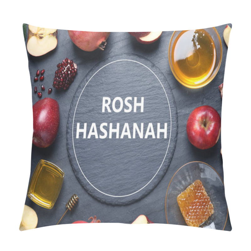 Personality  Frame Of Honey, Apples And Pomegranates On Black Table, Flat Lay. Rosh Hashanah Holiday Pillow Covers