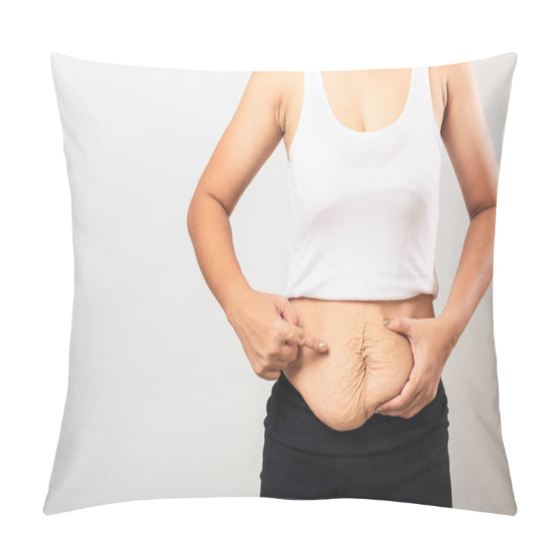 Personality  Close Up Of Asian Mother Woman Pointing Stretch Mark Loose Lower Abdomen Skin She Fat After Pregnancy Baby Birth, Studio Isolated On White Background, Healthy Belly Overweight Excess Body Concept Pillow Covers