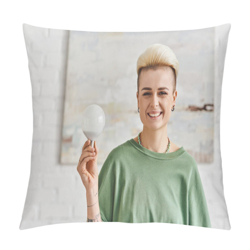 Personality  Ecological Efficiency, Joyful Tattooed Woman With Trendy Hairstyle Holding Energy Saving Light Bulb And Looking At Camera In Living Room, Sustainable Lifestyle And Environmentally Conscious Concept Pillow Covers