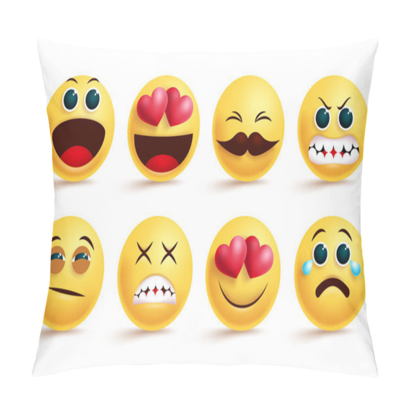 Personality  Smileys Emoji Vector Set. Smiley Yellow Face Emojis And Emoticons With Different Facial Expressions Like Sleepy, Angry, Crying And In Love Isolated In White Background. Vector Illustration. Pillow Covers