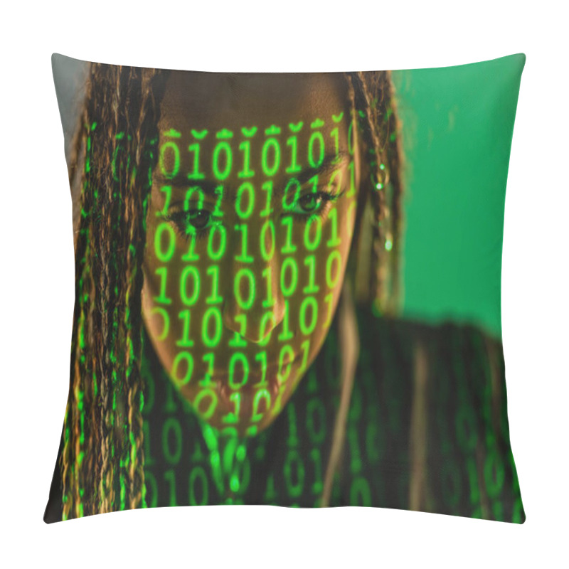 Personality  African American Woman With Projection Of Binary Code On Grey Background  Pillow Covers