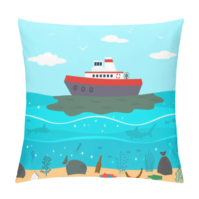 Personality  Environmental Disaster Accident On An Oil Tanker And The Release Of Oil Into The Ocean Against The Background Of Plastic Garbage In The Ocean. . Flat Vector Illustration Pillow Covers