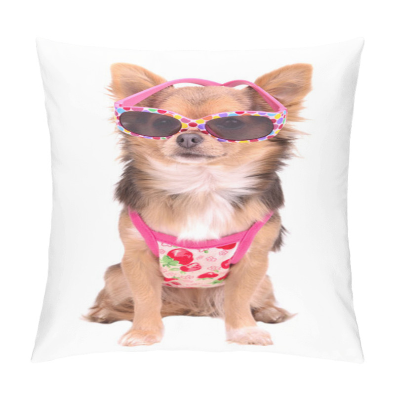 Personality  Chihuahua Puppy Wearing Pink Sun Glasses And T-shirt Pillow Covers