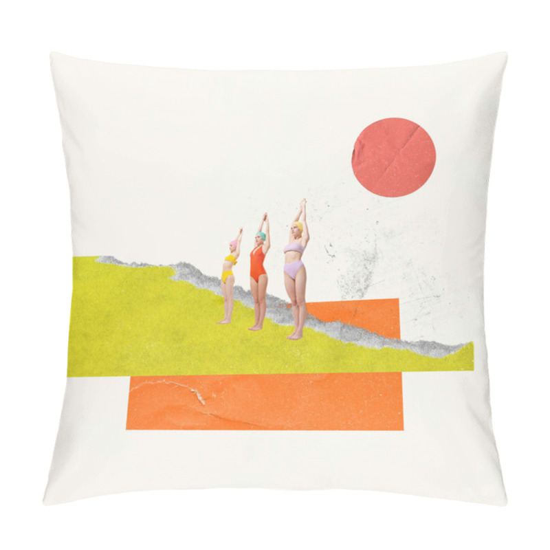 Personality  Contemporary Art Collage. Creative Design. Three Women In Swimming Suits Preparing To Dive. Swimming Hobby. Concept Of Summer, Mood, Creativity, Imagiation, Party, Fun. Copy Space For Ad, Poster Pillow Covers