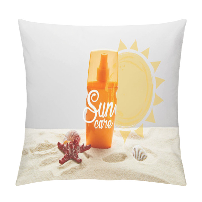 Personality  Sunscreen In Orange Bottle On Sand With Starfish On Grey Background With Sun Care Lettering Pillow Covers