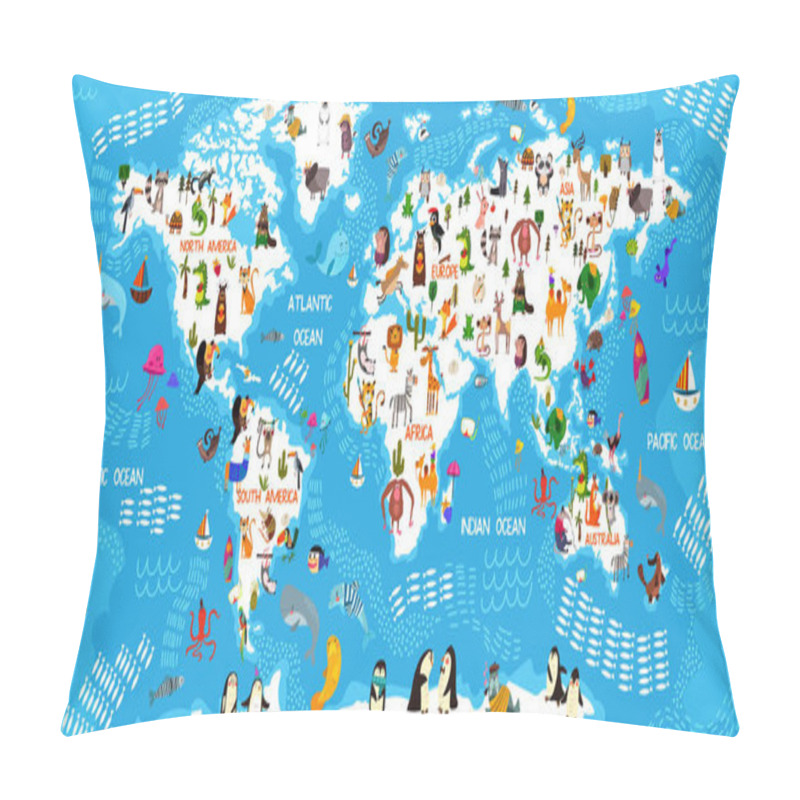 Personality  Cartoon Animal World Map. Animals From All Over The World,oceans Pillow Covers