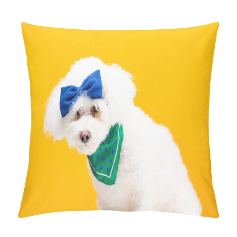 Personality  Cute Havanese Dog With Blue Bow Tie On Head And Neckerchief Isolated On Yellow Pillow Covers