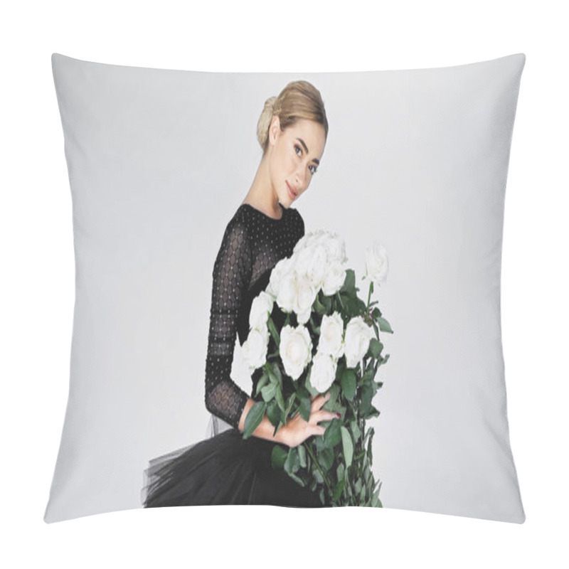 Personality  Smiling Ballerina In Tutu Skirt Holding Bouquet Of Flowers On Grey Pillow Covers