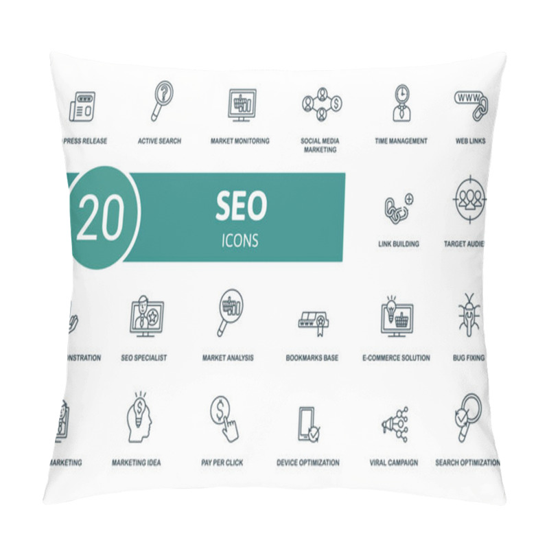 Personality  Seo Icon Set. Contains Editable Icons Seo Theme Such As Active Search, Social Media Marketing, Web Links And More Pillow Covers