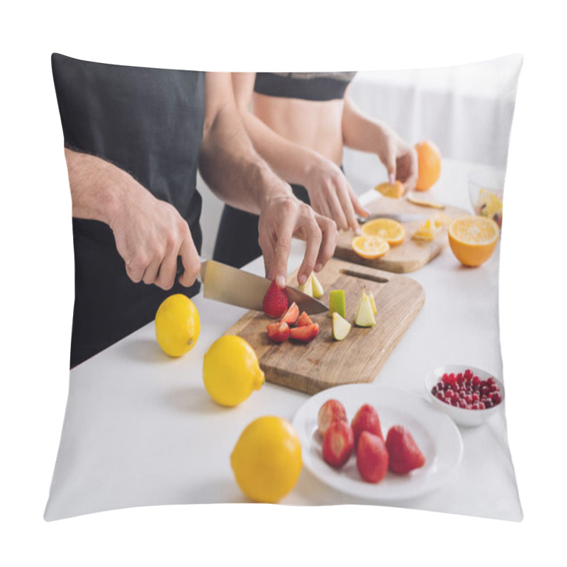 Personality  Cropped View Of Man And Woman Preparing Fruit Salad  Pillow Covers