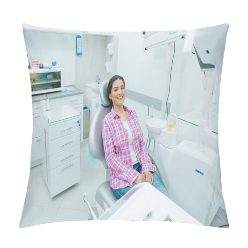 Personality  Mirthful Caucasian Woman In Casual Clothes Sitting In A Dental Chair Of A Modern Office And Smiling Pillow Covers