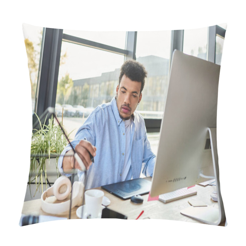 Personality  Focused Individual Works On A Tablet While Enjoying Coffee In A Bright, Stylish Office. Pillow Covers