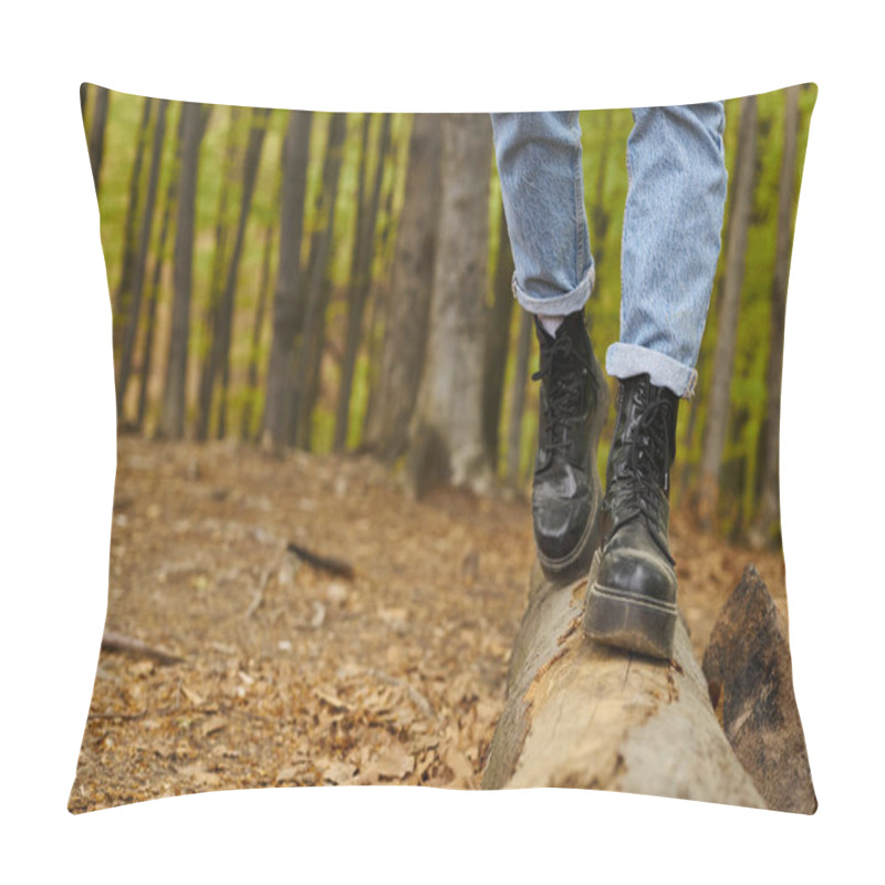 Personality  Cropped Photo Of Female Legs In Hiking Boots Making A Step On A Wood In Forest Scenery Pillow Covers