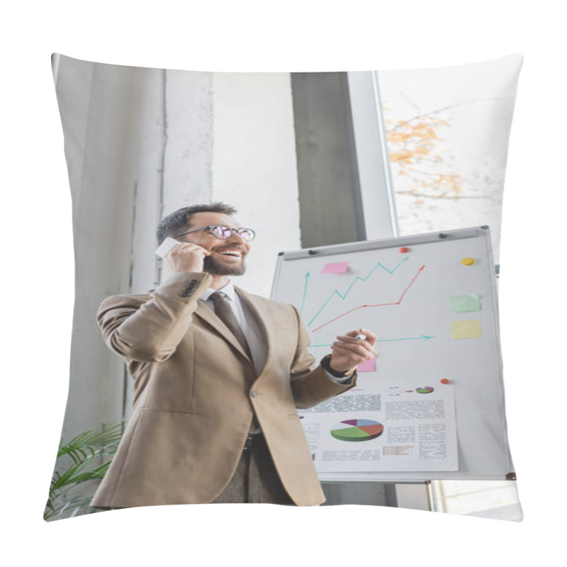 Personality  Joyful Bearded Manager In Beige Blazer, Tie And Eyeglasses Standing With Marker And Talking On Mobile Phone Near Flip Chart With Business Analytics And Graphs In Office Pillow Covers