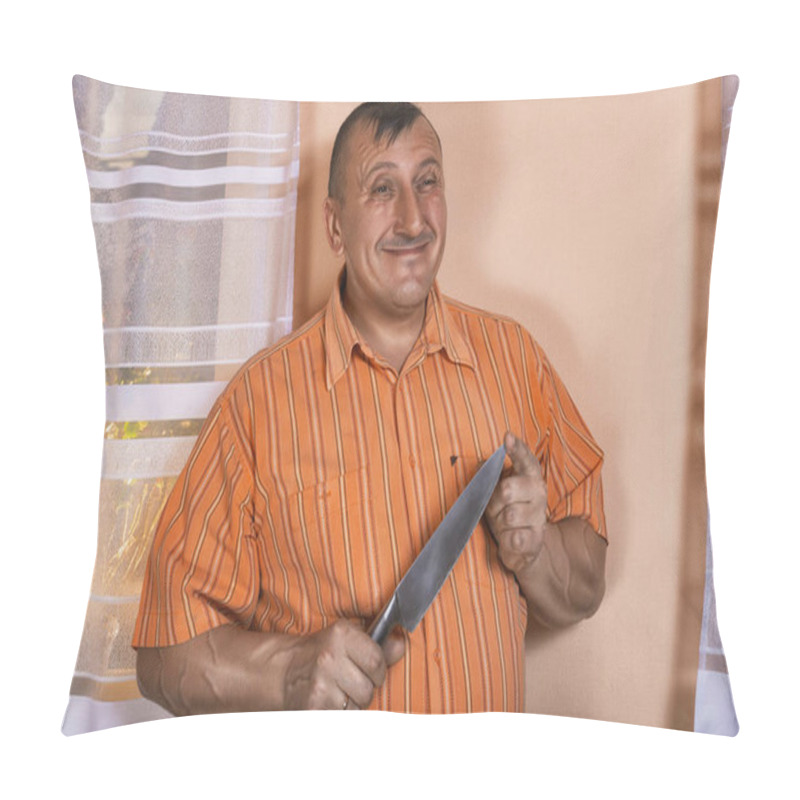 Personality  Portrait Of The Person Holding Cold Weapon In A Hand. The Look Expresses Inadequate Behavior. Plans Bad Intentions.  Pillow Covers