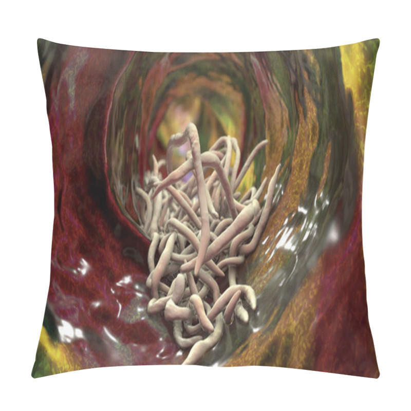 Personality  Parasitic Worms In The Lumen Of Intestine, 3D Illustration. Ascaris Lumbricoides And Other Round Worms Pillow Covers