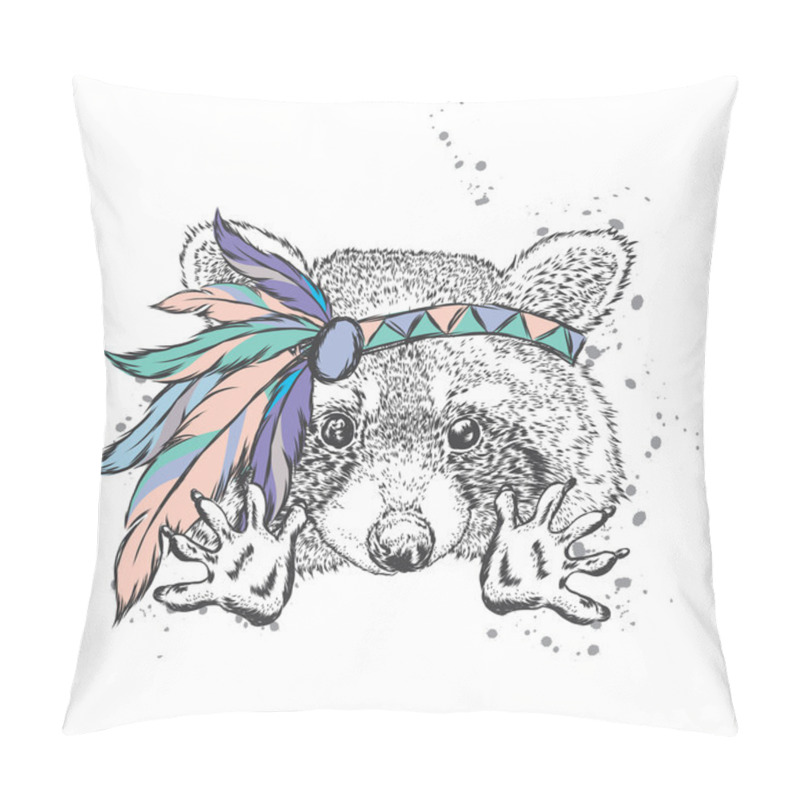 Personality  Cute Raccoon In The Indian Dressing With Feathers. Vector Illustration. Pillow Covers