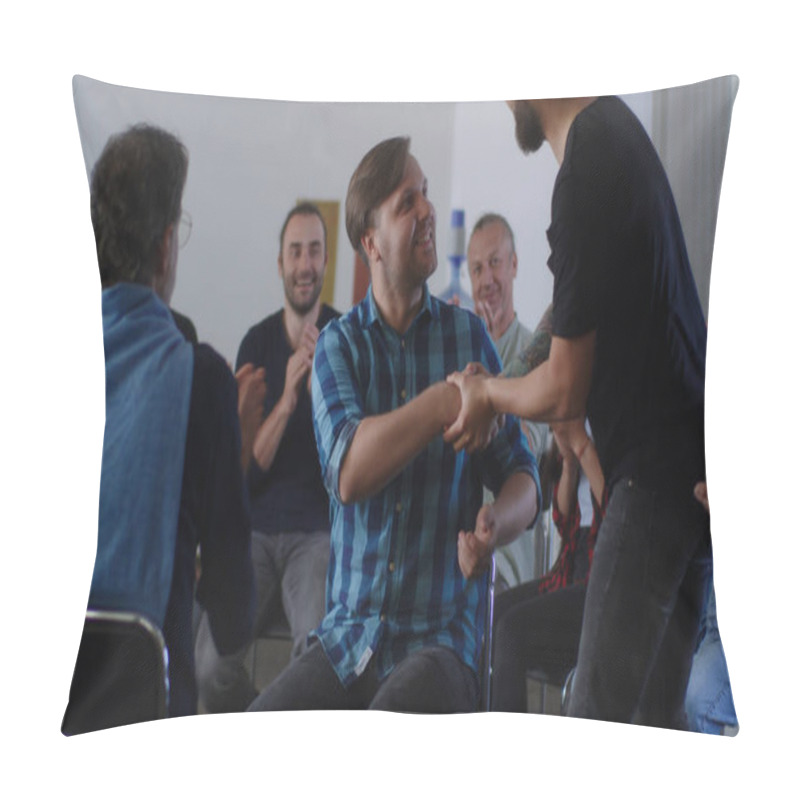 Personality  People Applauding To Reformed Addict During AA Meeting Pillow Covers