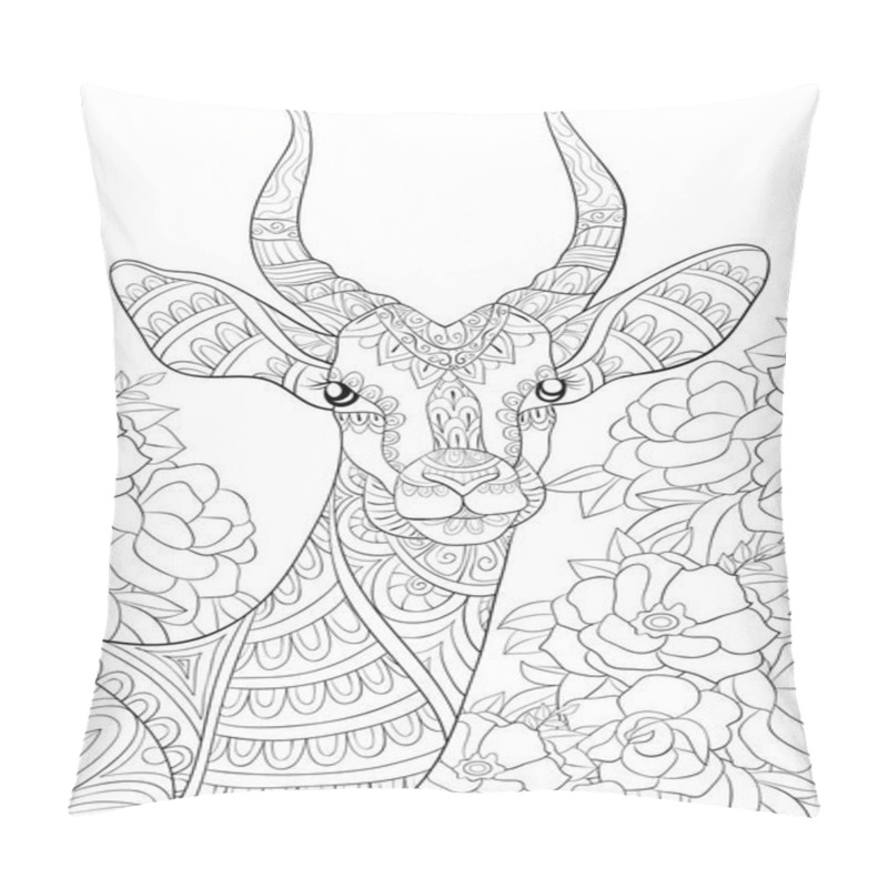 Personality  A Cute Head Of Antilope With Big Horns On The Background With Flowers Image For Relaxing.A Coloring Book,page For Adults.Line Art Style Illustration For Print.Poster Design. Pillow Covers