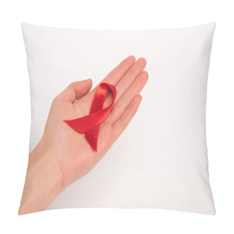 Personality  Cropped View Of Woman Holding Aids Awareness Red Ribbon Isolated On White Pillow Covers